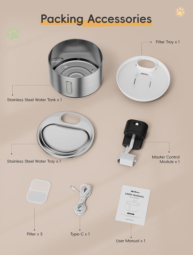 Stainless Steel Cat Water Fountain, Cordless Fountain for Cat & Dogs Indoor | 135fl.oz/4L Capacity, 4000mAh Battery, ultra-quiet