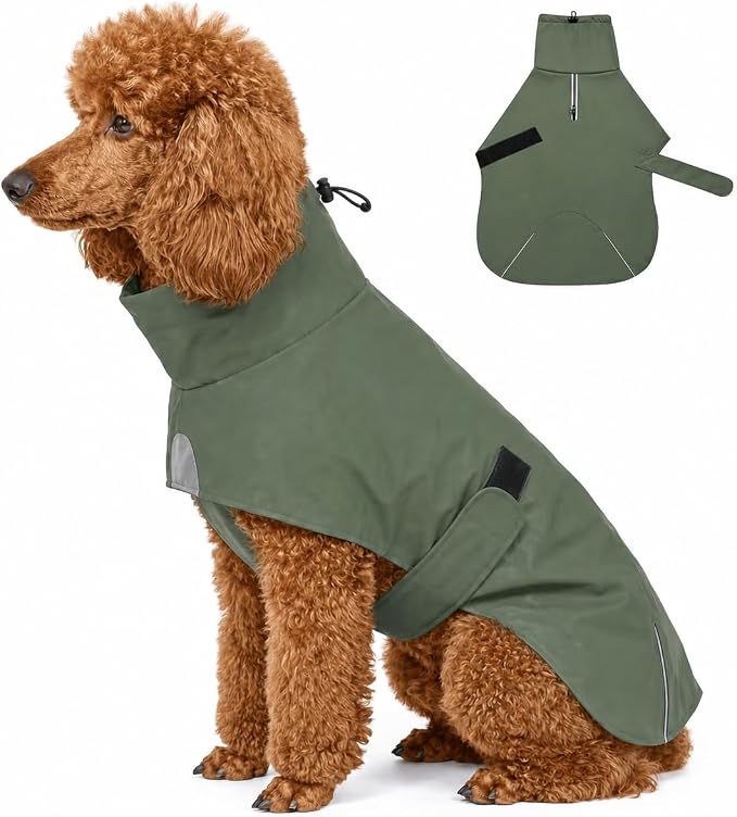 PU Dog Raincoat, Non-Toxic & Odorless Waterproof Vest, Adjustable High Collar and Hook & Loop Belly Closure for Rainy Potty Breaks & Wet Weather Outdoor Walks (Olive Green, X-Large)