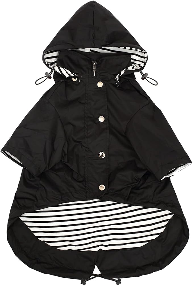 Morezi Dog Zip Up Raincoat with Reflective Buttons, Rain/Water Resistant, Adjustable Drawstring, Removable Hood, Raincoats with Legs 8lbs to 80lbs Available - Black - XS