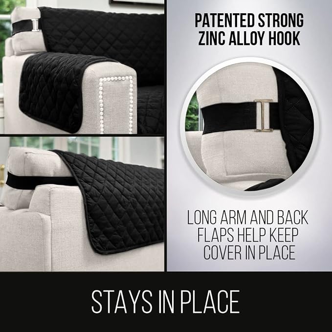 Sofa Shield® Couch Recliner Covers for Dogs, Reversible Furniture Protector with Strap, Stain and Tear Resistant Cushion Cover, 25 inch Seat, Machine Washable Slipcover Pets, Cats, Black Gray