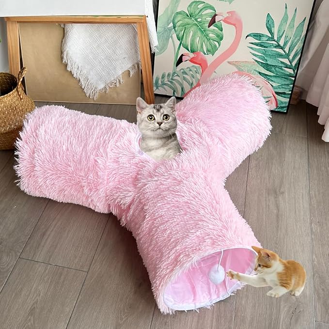 3-Way Collapsible Cat Tunnel Tube Toy Pink Plush | Interactive Play Tunnel with Hanging Ball & Peek Hole for Indoor Cats, Kittens, Puppies & Rabbits | Hours of Fun & Exercise