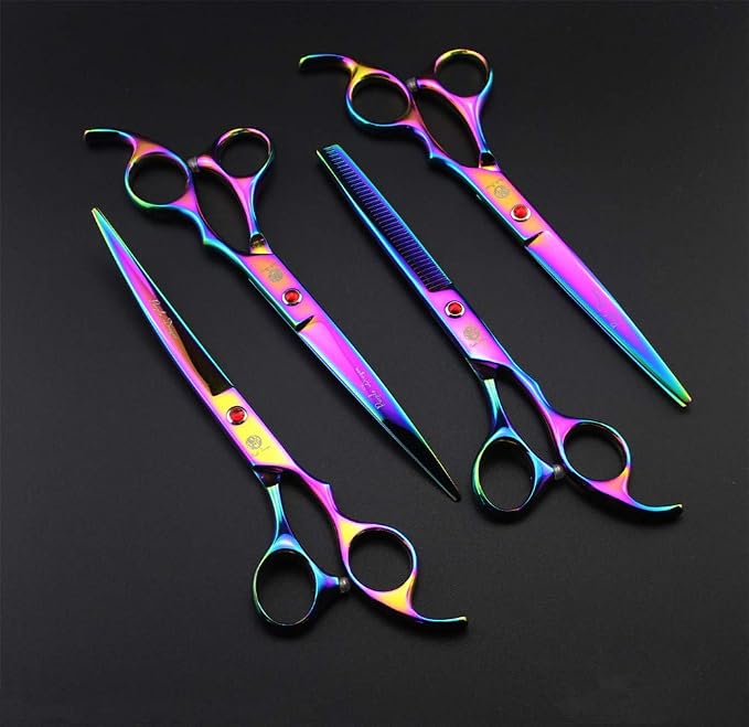 Purple Dragon 7" Dog Grooming Scissors Set with Silencer for Sensitive Pet | 4PCS Pet Grooming Shears Kit with Straight, Curved, Thinning Blade, Comfortable Grip, Japanese 440C Steel, Gift for Groomers