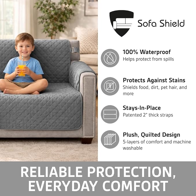 Sofa Shield 100% Waterproof Couch Cover with Patented Straps, Slip and Stain Resistant, Machine Washable Sofa Slipcover for Dogs Cats Pets Kids, 28 inch Seat, Large Recliner, Dark Gray