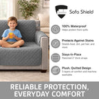 Sofa Shield 100% Waterproof Couch Cover with Patented Straps, Slip and Stain Resistant, Machine Washable Sofa Slipcover for Dogs Cats Pets Kids, 28 inch Seat, Large Recliner, Dark Gray