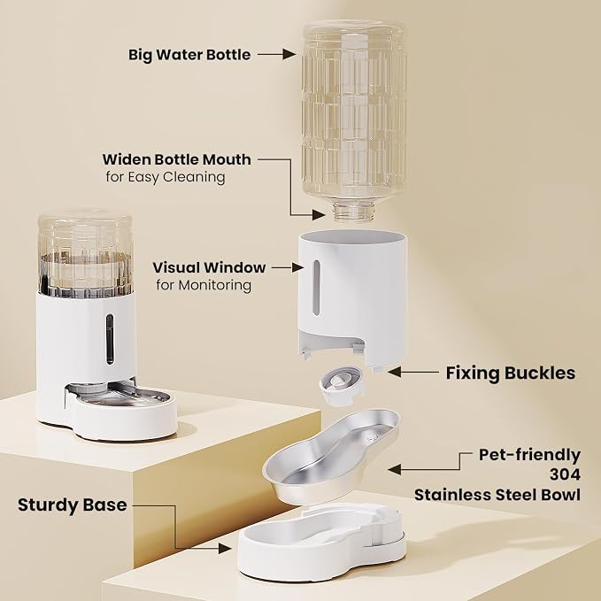 CZPET Dog Water Bowl Dispenser 5L, Wider Mouth Gravity Refilling (White) | Automatic Cat Waterer with Removable Stainless Steel Bowl, Upgraded Brush, Easy Cleaning, Large Drinking Area for Multi-Pet