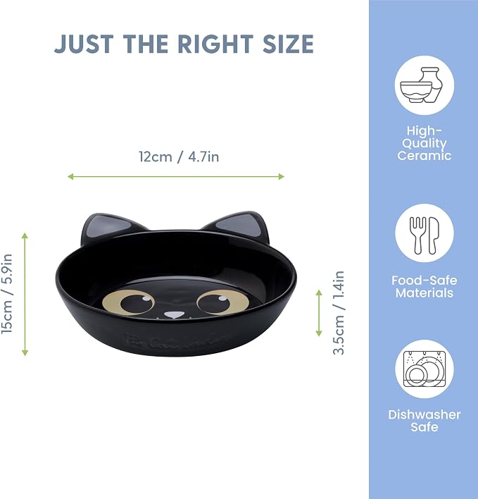 The Cat Ladies Ceramic Cat Bowls - Whisker Friendly Food Bowl - Cute Pet, Kitten Plates - Dishes for Indoor Cats - Dish for Wet Food & Water - Platos para Gatos - Black Cat, Small