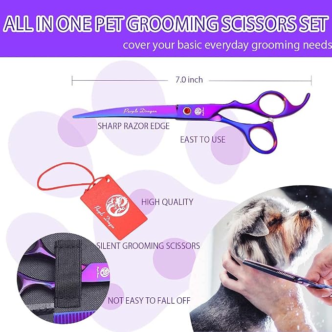Purple Dragon Professional 7.0 inch Dog Grooming Scissors Set with Silencer | 4PCS Pet Grooming Shears Kit with Straight, Curved, Thinning Blade, Comfortable Grip, Japanese 440C Steel, Gift for Groomers