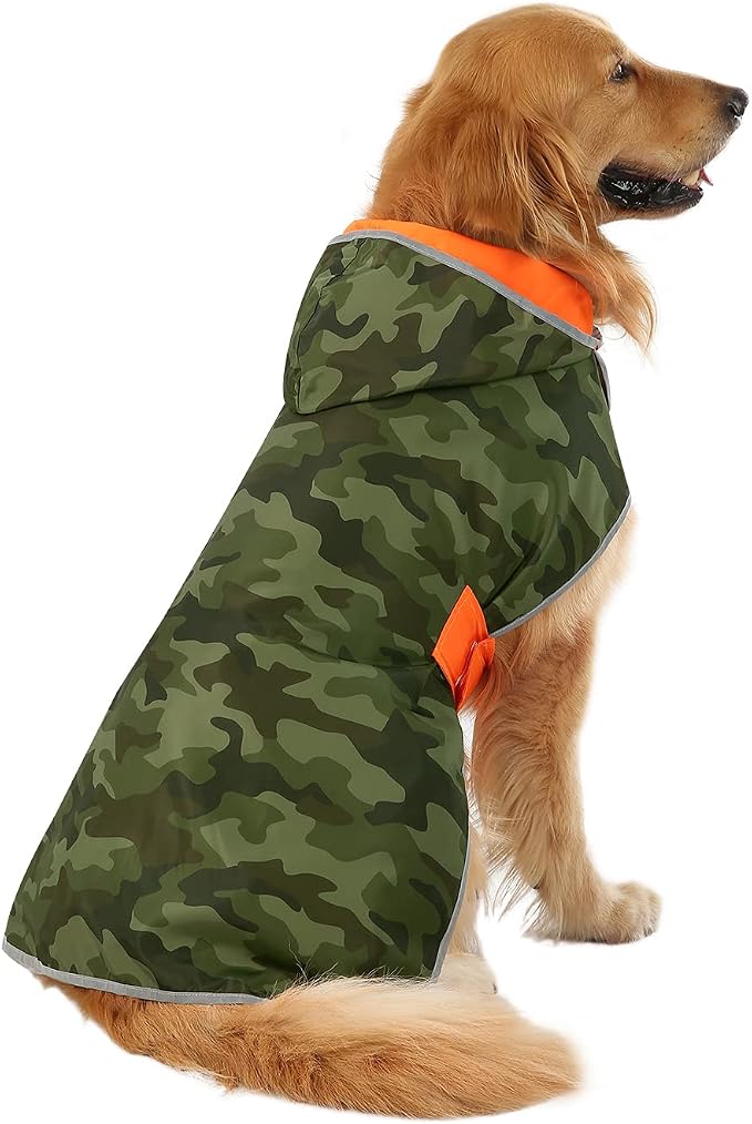 HDE Reversible Hooded Dog Raincoat Slicker Poncho for Small Medium Large Dogs - Camo/Orange - 3XL - Polyester