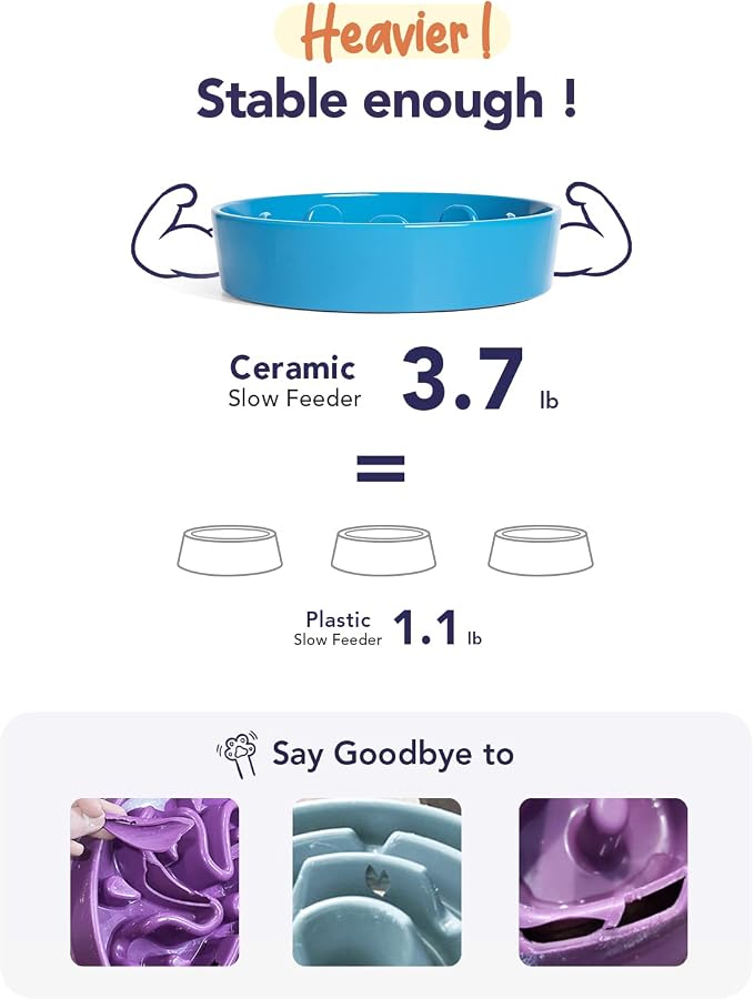 LE TAUCI Slow Feeder Dog Bowls Ceramic, 3 Cups Slow Feeding Dog Bowl Medium Large Breed, Puzzle Pet Dishes,Vortex Blue