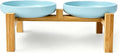 Shallow Elevated Cat Bowls with Bamboo Stand, 6.1 Inch Wide Ceramic Cat Dish Whisker Friendly, 2 Pack Pet Food and Water Plates