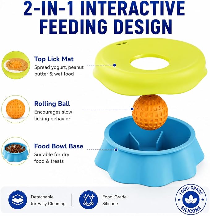 Slow Feeder Dog Bowl with Rolling Ball - 2-in-1 Silicone Dog Lick Bowl for Liquid Treats, Anti-Slip Interactive Licking Toy for Small Medium Large Dogs Cats, Food-Grade Easy Clean (Blue+Yellow)