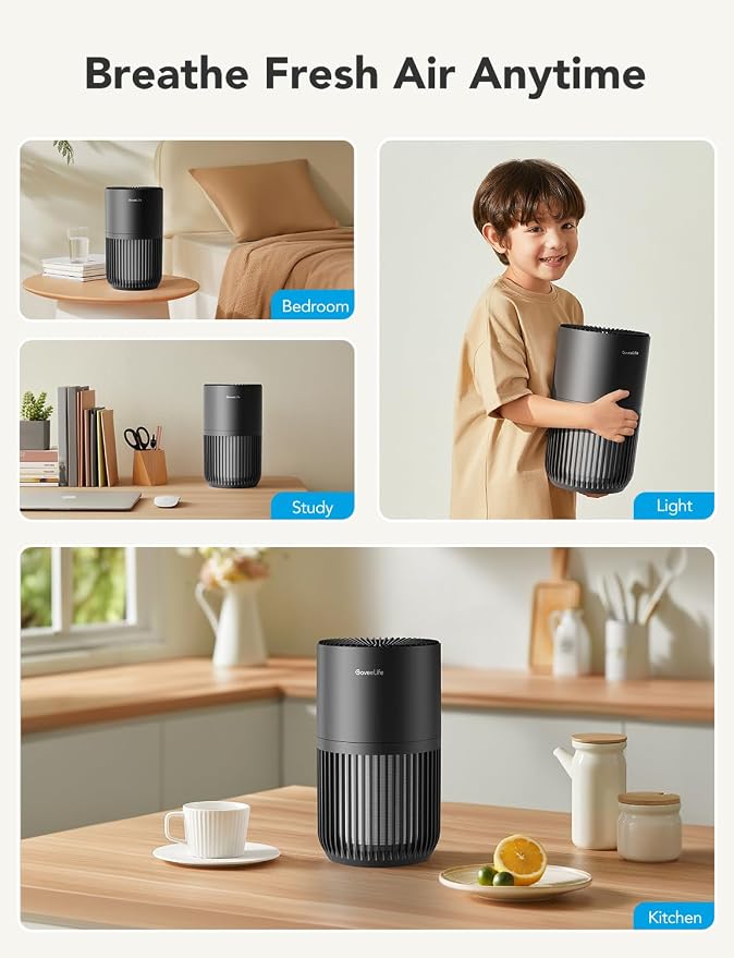 GoveeLife Smart Mini Air Purifier for Bedroom, with App & Alexa Control | HEPA Filter, Portable Air Cleaner with 3 Speeds, 2 Modes, Aroma for Pet Hair, Odors, Pollen, Home, Black