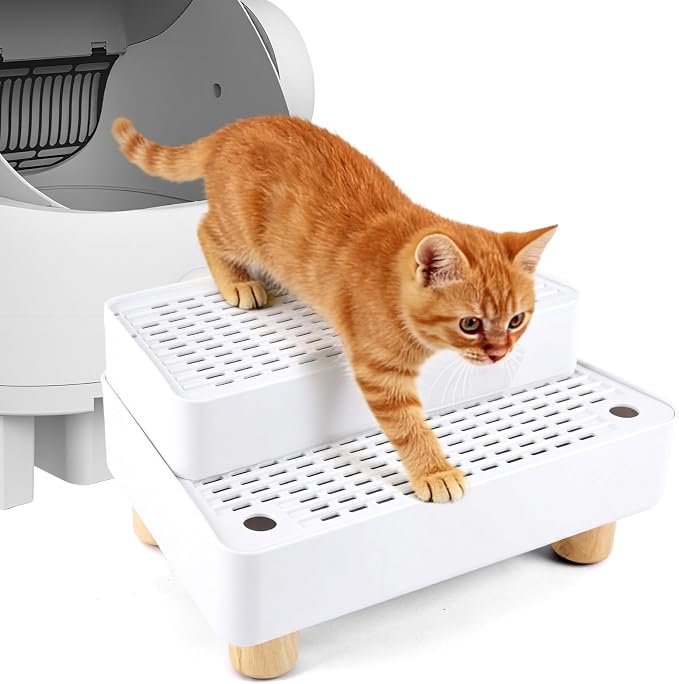 Adjustable Litter Box Step, Cat Litter Box Ramp/Catcher with Wooden Feet | 2 Steps,Fits Automatic Litter Box Steps, Filter Function, Anti-Tracking, Easy to Clean, For Small & Elderly Cats