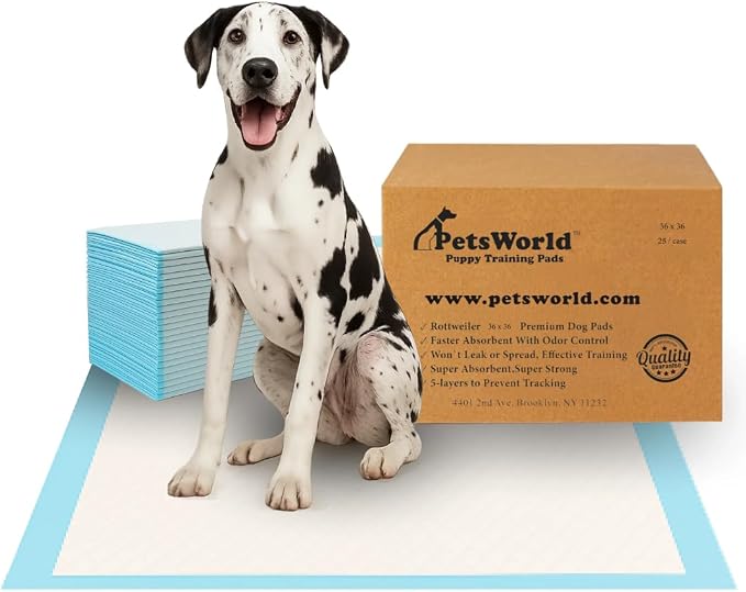 PETSWORLD Giant Dog Potty Pads, Odor-Eliminating, 36" x 36", Ultra Absorbent 5-Layer Leak-Proof Training Pads for Dogs & Cats (36x36, 25 Count)