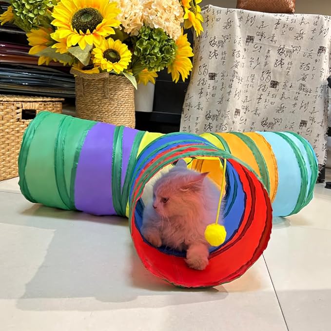 3-Way Collapsible Cat Tunnel Tube Toy Rainbow T-Shape | Interactive Play Tunnel with Hanging Ball & Peek Hole for Indoor Cats, Kittens, Puppies & Rabbits | Hours of Fun & Exercise