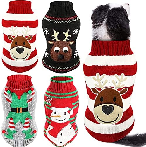 4 Pieces Christmas Dog Sweaters - Holiday Puppy Snow Elk Reindeer Snowman Elf Winter Knitwear Warm Clothes Funny Party Cosplay Dress for Small to Medium Dogs Cats (Medium) by Weewooday