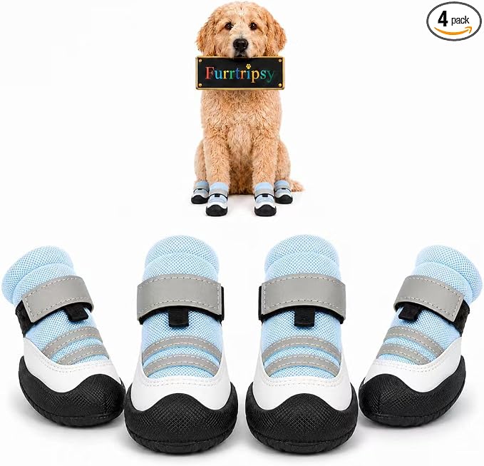 Dog Boots, Waterproof Dog Shoes with Reflective Straps, Rugged Anti-Slip Sole Paw Protectors for Medium Large Dogs, Breathable Pet Booties for Hot Pavement, Snow, Hiking, 4Pcs