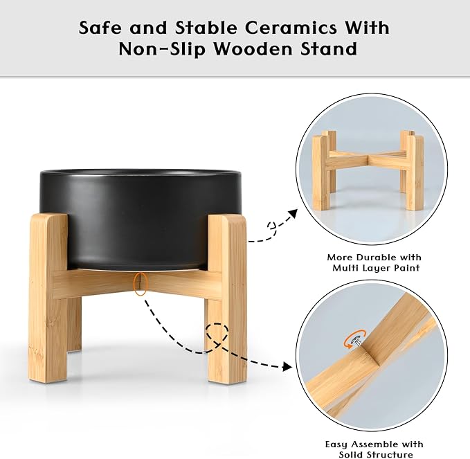 SPUNKYJUNKY Ceramic Elevated Dog Bowls 2 Pack - 8.3inch Raised Dog Bowls with Non-Slip Wooden Stand for Large Dogs Dishwasher Safe(Black,60OZ*2)