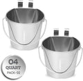 4 Quart Stainless Steel Flat Sided Bucket with Dual Hooks | 2 Pcs Durable Food & Water Bowl for Dogs Cats Goat & Livestock | Fits kennel Cage Critter Crate Hanging Pet Pail | Multipurpose