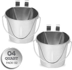 4 Quart Stainless Steel Flat Sided Bucket with Dual Hooks | 2 Pcs Durable Food & Water Bowl for Dogs Cats Goat & Livestock | Fits kennel Cage Critter Crate Hanging Pet Pail | Multipurpose