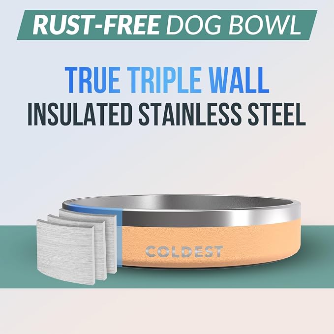 Coldest Dog Bowl - Anti Rust Metal, Non Slip, 3 Layers Insulated Stainless Steel Dog Bowls - Spill Proof & Heavy Duty - Water Bowl for Dogs, Cats & Pets, Dish Washer Safe (21 oz, Sahara Tan)