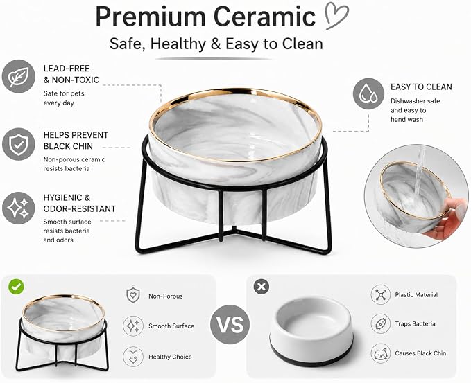 Dazzling Ceramic Elevated Cat Bowls, Gift for Cat Owner, Birthday (Medium,Grey)