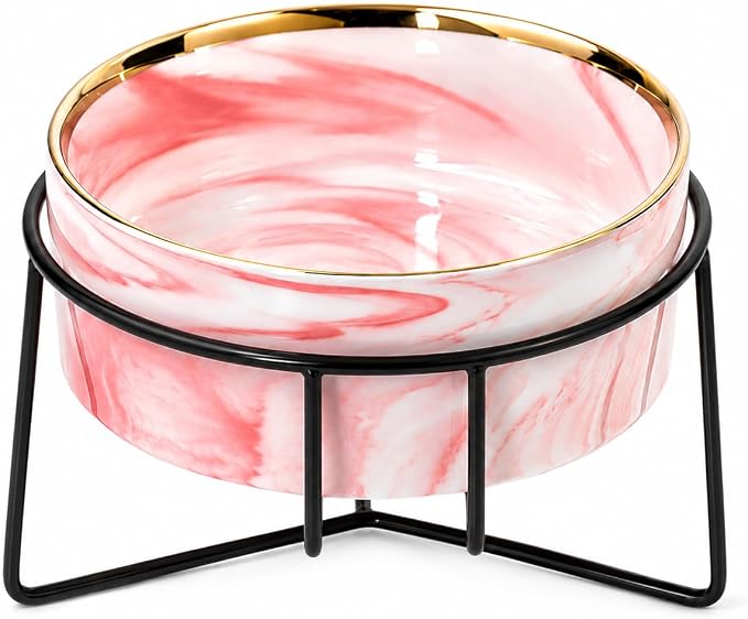 Dazzling Ceramic Elevated Cat Bowls,Raised Dog Cat Pet Food Water Bowl for Indoor(Pink, Large)