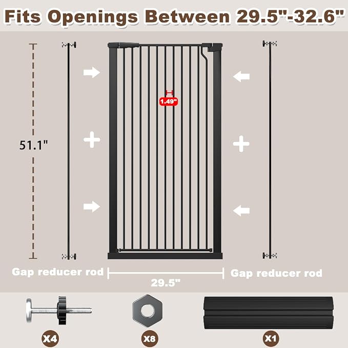 Fairy Baby 51.1" Extra Tall Pet Gate 29.5"-32.6" Wide Dog Gate for Doorways | Adjustable Auto Close Tall Cat Gate, Pressure Mounted Baby Safety Gates, 1.37" Narrow Bar Spacing Metal Gate Indoor, Black