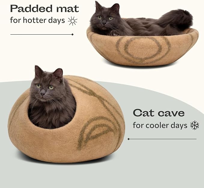 MEOWFIA Cat Cave – Premium Felt Cat Bed Enclosure for Indoor Cats, Handmade Merino Wool (Beige, Large)