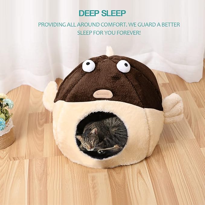 Cat Beds for Indoor Cats-Cat Bed Cave,Cute Lively Pufferfish Shape,Brown L | 2 in 1 Cats House for Kitten with Removable Washable Cushioned Pillow,Soft plush Cat Tent for cat Hideaway,Machine Washable