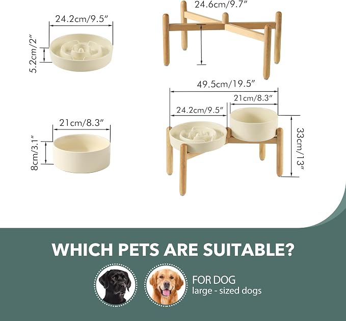 Havniva Elevated Slow Feeder Dog Bowls, Ceramic Dog Bowl Slow Feeder Set | 3.2 Cups Raised Slow Feeding Bowl for Large Breed, 8.2” Dog Water Bowl with Wooden Stand, Puzzle Dog Slow Feeder, Non-slip