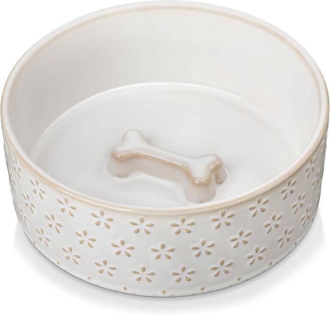MALACASA Ceramic Dog Food Bowl, Water Dish for Medium Breeds, 3.5 Cups | Five-Leaf Grass Pattern, ceramic pet bowl, food and water dish, dishwasher and microwave safe, for medium dogs