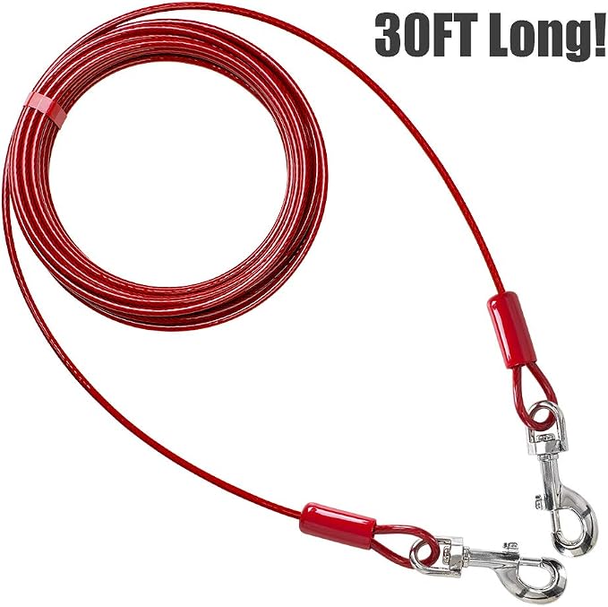BV Dog Tie Out Cable 30 Feet - Heavy Duty Dog Lead Up to 125 Pounds - Reflective & Rust-Free with Quick Release Swivel Clips & 360° Rotating Clasp - Tangle-Free Dogs Runner for Yard (Red, Pair)
