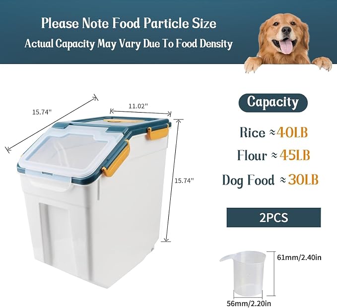 AnRui Rice Storage Container 50LB, Airtight Flour Storage Containers, Plastic Cereal Grain Dispenser Organizer Pet Food Storage Bin with Lid, Measuring Cup, Scoop, Blue, 2Pcs,Total Capacity:100LB