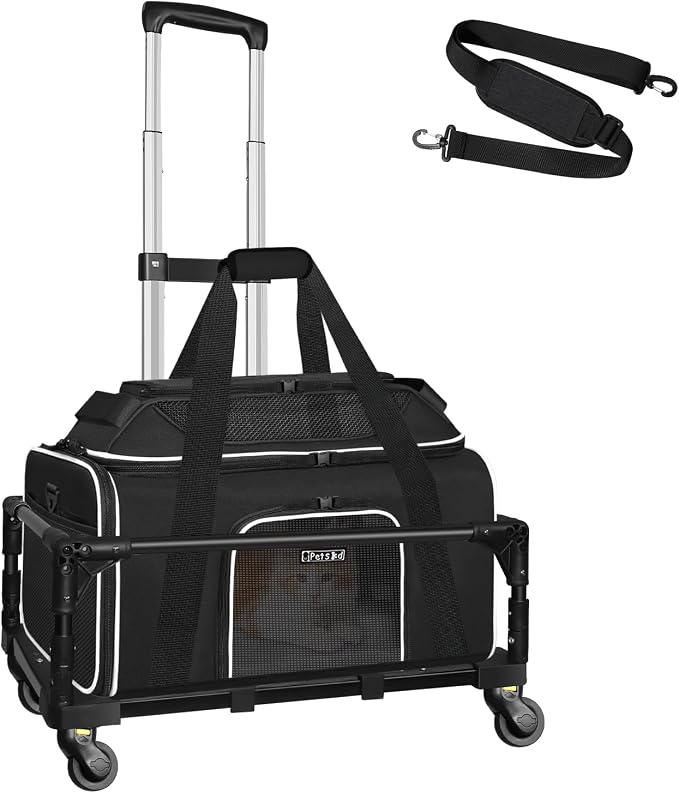 Petskd Top-Expandable Small Pet Carrier with Wheels Airline Approved | 17"x11"x9.5", for Alaska Airlines, Lockable Safety Zippers and Anti-Scratch Mesh, Pets Under 10 Lbs, Black