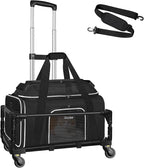 Petskd Top-Expandable Small Pet Carrier with Wheels Airline Approved | 17"x11"x9.5", for Alaska Airlines, Lockable Safety Zippers and Anti-Scratch Mesh, Pets Under 10 Lbs, Black
