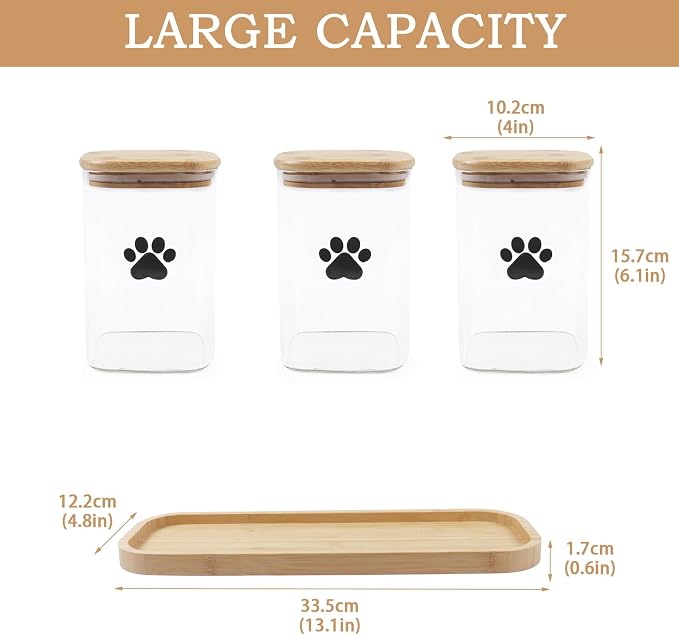 Morezi Dog Treat Container airtight Treats jar for countertop Closet Dog Food Storage 3 Jars with Tray Great for organizing pet Dogs Cats Birds Animal Food Treats Snack