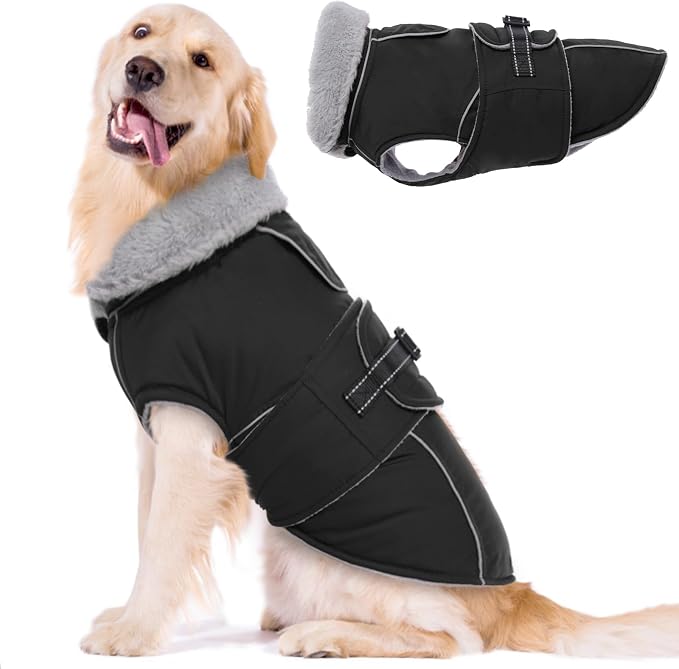 Lelepet Dog Coats for Large Dogs Waterproof Dog Jacket with Adjustable Fit | Reflective Pet Fleece Vest Windproof Cold Weather Coats with Adjustable Buckle & Leash Hole, Thermal Snow Jacket, Black, XL