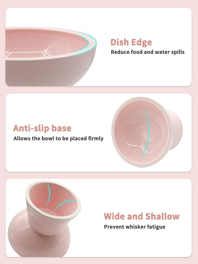 LoeJan Elevated Cat Food and Water Bowls Set, Extra Wide and Raised Ceramic Feeder, Anti-Vomit Whisker-Free Pressure Feeding Bowl for Kittens Adult Cats Small Dogs(Pink, Food Bowl)