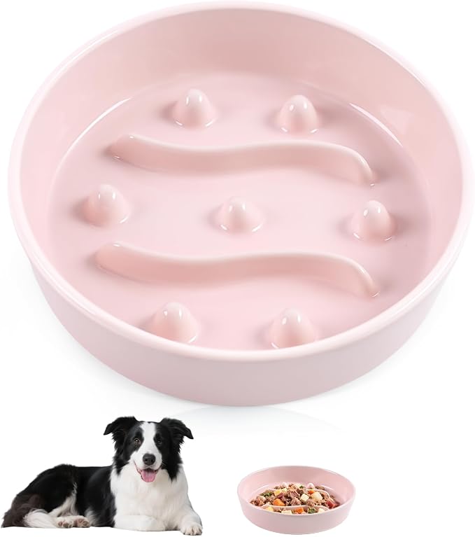 Ceramic Slow Feeder Dog Bowls,1.5 Cups Dog Food Dish for Medium& Large Dogs | 7.5 inch Puzzle Dog Food Bowl for Fast Eater, 28OZ, (Pink)