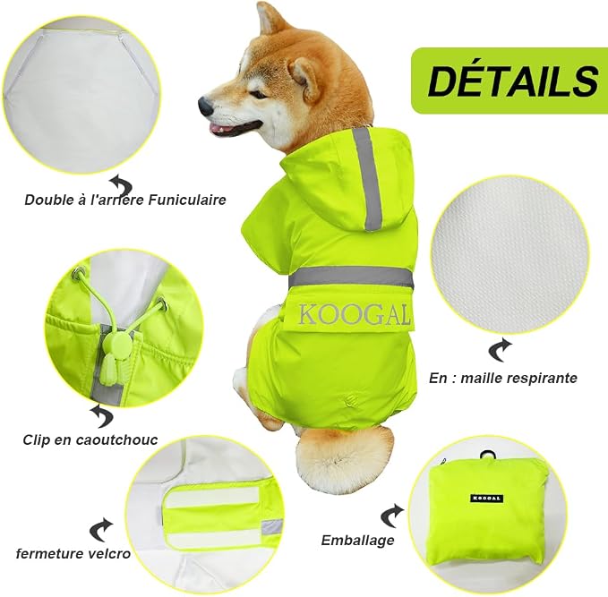 Dog Raincoat Waterproof Poncho Apparel for Small to Medium Sized Dogs, Pet Jacket with Reflective Strips, Polyester and TPU Material, Fluor-Yellow, 3XL
