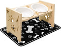 2026 New Elevated Cat Bowls with Food Mat, Adjustable Height & Angle Raised Cat & Dog Bowls Stand for Food and Water, Cat or Small Dog Feeding Station, 2 Ceramic Bowls for Cats and Puppy(Natural Wood)