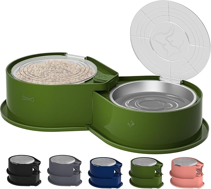 Newget 304 Stainless Steel Dog Bowl Set with Lids, 24oz Foldable Pet Dishes | Dual Food & Water Pet Bowl, Anti-Skid, Keeps Food Fresh, Easy to Install, for Small - Large Dogs/Cats - Indoor & Outdoor Use