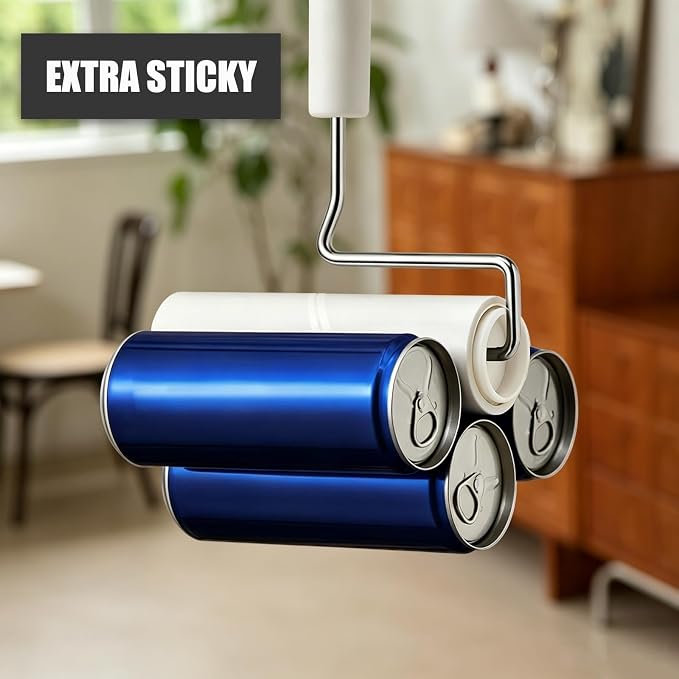 7.9'' Large Lint Roller for Pet Hair Extra Sticky, Extendable Handle | Storage stand included with 4 refills 360 sticky sheets for couches, carpets, beds, clothes, and furniture