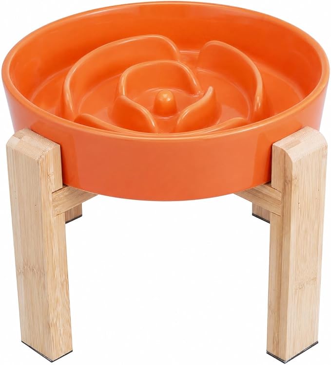 Elevated Slow Feeder Dog Bowl, 8.8" Ceramic Maze Dog Bowl with Stand | 3.2 Cups Slow Feeding Dog Dish for Fast Eaters, 7" Tall Anti-Slip Raised Slow Feeder for Medium to Large Breeds, Orange