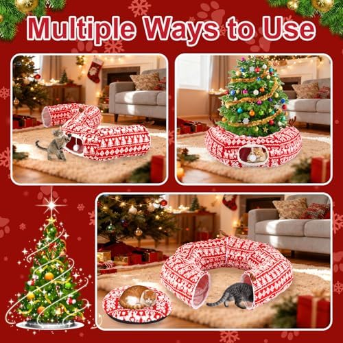 Cat Tunnel Bed Under Christmas Tree 35.4" Festive Circle Cat Tunnel with Feather Toys Adjustable Bibs Foldable Holiday Decorative Pet Cave for Indoor Cats Small Animals Fits Under Tree Skirt - Image 4