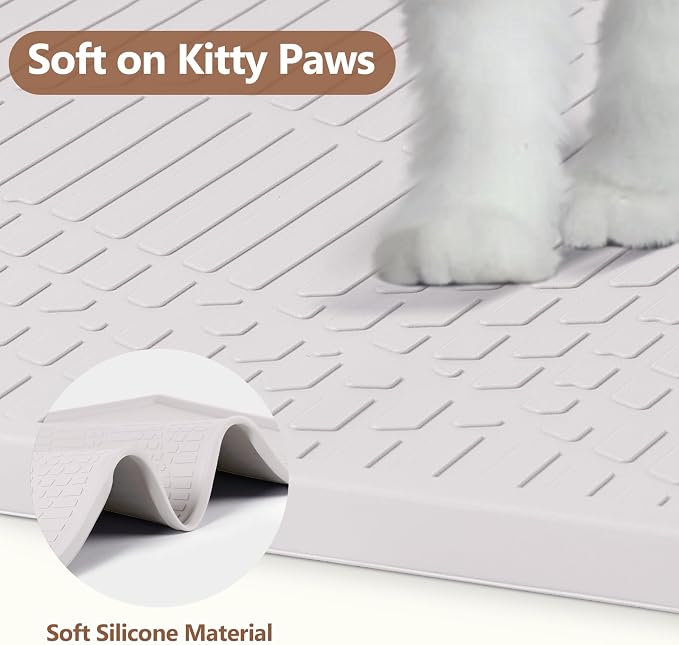 Silicone Cat Litter Box Mat 38'' x 25'' Cat Mat with Toy, White | Extra Large Litter Mat with lip, Non-Slip Waterproof Cat Litter Mat Litter Trapping Mat for Floor, Easy to Clean