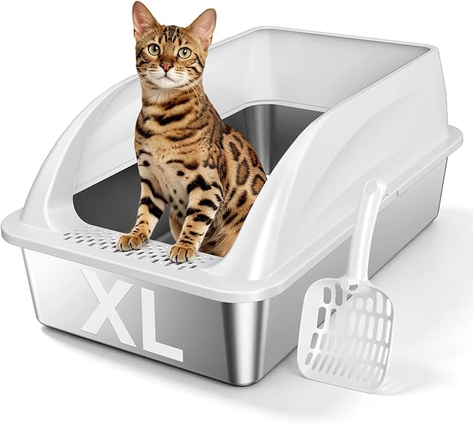 XL Open Top Stainless Steel Litter Box with High Sides,Light Gray | Extra Large Metal Cat Litter Pan , XL Litter Box, Non-Stick Easy Clean Anti-Leak Kitty Litter Pan, Odor Control, Open Top
