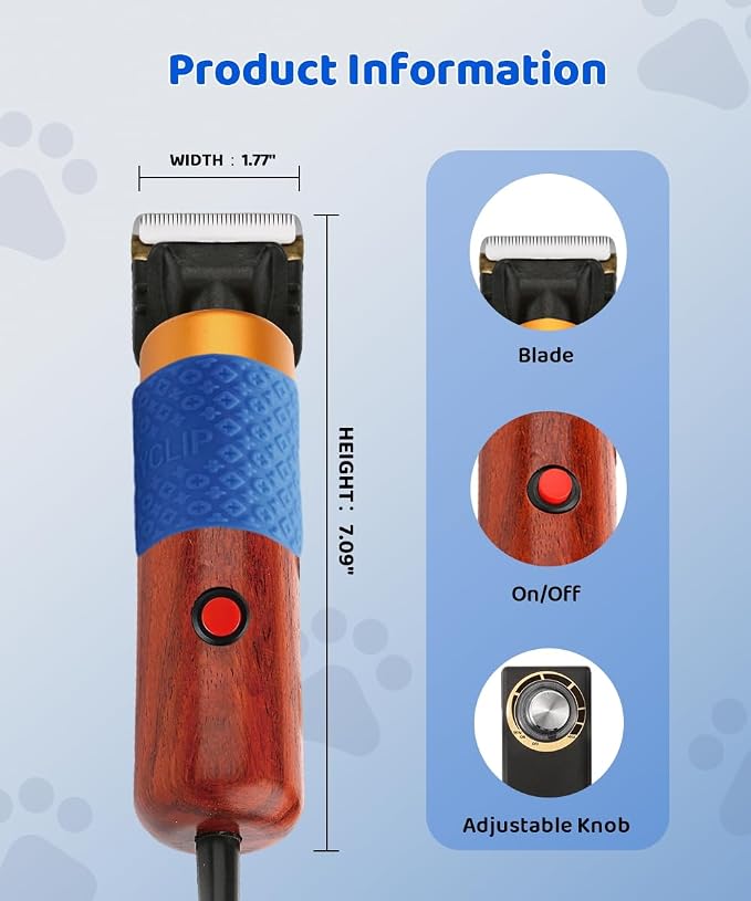 200W Professional Dog Grooming Clippers with Stepless Speed Control, Low Noise <50dB Pet Hair Trimmer Kit, Solid Wood Handle, 2 Blades, Dual-Sided Guide Combs, Heavy-Duty Plug-in Clippers for Cats