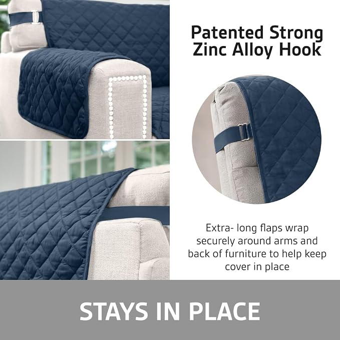 Sofa Shield 100% Waterproof Couch Cover with Patented Straps, Slip & Stain Resistant Furniture Protector, Machine Washable Sofa Slipcover for Dogs Cats Pets Kids, 28 inch Seat, Large Recliner, Navy